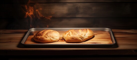 Aufkleber - Wooden tray holding two bread loaves with flames in the background, preparing to bake on a rubber wood board in the oven. with copy space image. Place for adding text or design