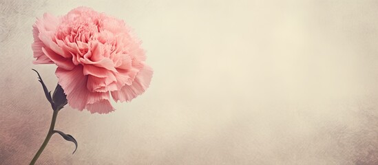 Fototapete - Pink carnation flower placed in a vase on a wooden table with a textured old paper background. with copy space image. Place for adding text or design