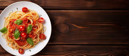 Leinwandbilder - Spaghetti with fresh basil and juicy tomatoes served on a rustic wooden table. with copy space image. Place for adding text or design