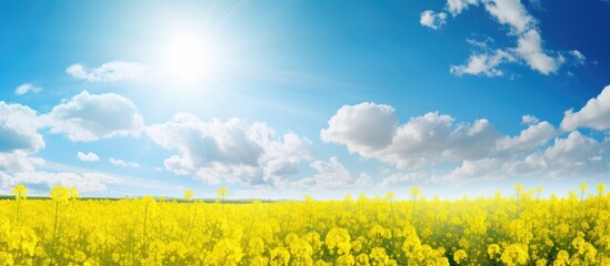 Aufkleber - Golden rapeseed flowers shining under the sun in a vast field against a backdrop of fluffy clouds in the sky. with copy space image. Place for adding text or design