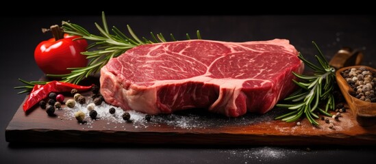 Leinwandbilder - Slice of prime rib eye beef steak from Black Angus cattle, displayed raw on a cutting board with spices and pepper. with copy space image. Place for adding text or design