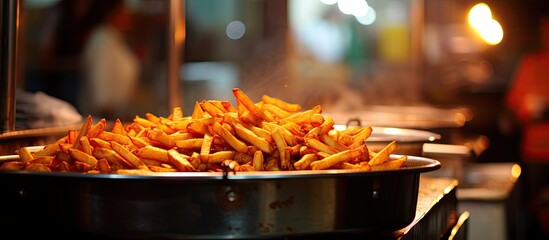 Aufkleber - A bowl of crispy fries served on a table in a restaurant setting. Golden and delicious-looking. with copy space image. Place for adding text or design