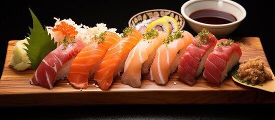 Poster - Wooden tray close-up with assorted sushi pieces and a small bowl of dipping sauce. with copy space image. Place for adding text or design