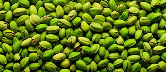 Poster - Clustered together, a heap of green pistachio nuts forms a visually appealing food background. with copy space image. Place for adding text or design