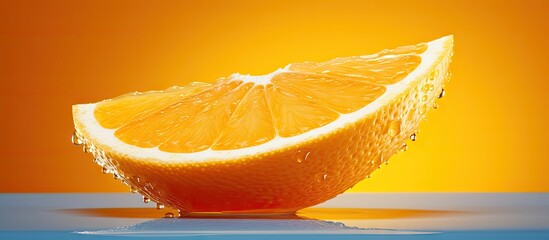 Leinwandbilder - Fresh slice of orange covered in water droplets alongside its vibrant peel on display. with copy space image. Place for adding text or design
