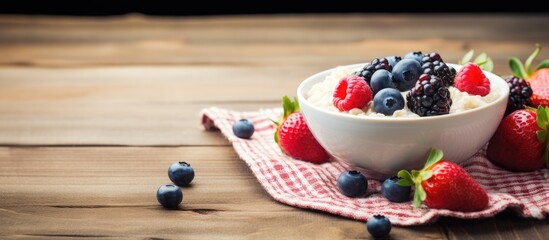 Aufkleber - Yogurt in a bowl topped with a variety of berries like strawberries placed on a wooden table. with copy space image. Place for adding text or design