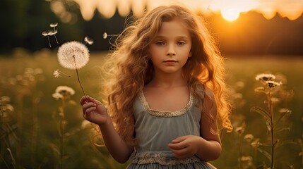 Poster - girl blowing dandelion at summer field