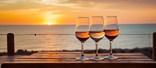 Aufkleber - Three wine glasses placed on a table with a beautiful sunset in the background, creating a serene and elegant setting. with copy space image. Place for adding text or design