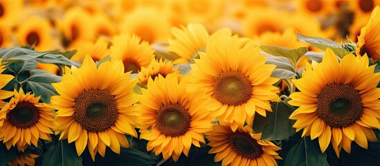 Aufkleber - Yellow sunflowers bloom vibrantly in a lush field of green leaves under the bright daylight. with copy space image. Place for adding text or design