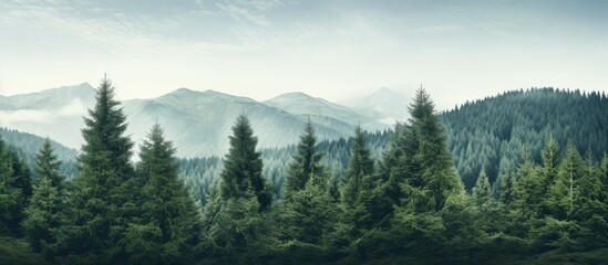 Wall Mural - Pine trees scattered across the slopes of a mountain range, set against a backdrop of cloudy skies. with copy space image. Place for adding text or design