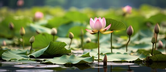 Aufkleber - Beautiful lotus flowers blooming in a serene pond, their delicate petals contrasting with lush green foliage. with copy space image. Place for adding text or design