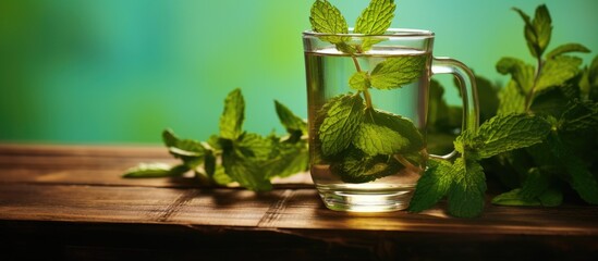 Poster - Glass filled with freshly brewed mint tea garnished with a vibrant sprig of mint leaf. with copy space image. Place for adding text or design