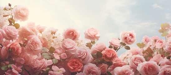 Leinwandbilder - Lush pink roses blooming abundantly in the center of a sprawling field under the spring sun. with copy space image. Place for adding text or design