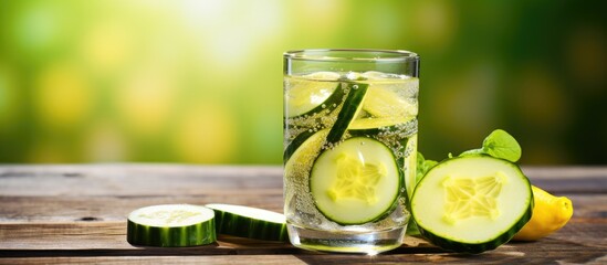 Poster - Glass of water close-up with slices of refreshing cucumber and zesty lemon, on a rustic wooden table. with copy space image. Place for adding text or design