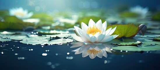 Aufkleber - Floating white flower contrasts with lotus growing above water surface in serene natural setting. with copy space image. Place for adding text or design