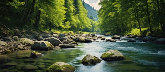 Wall Mural - In a serene natural setting, a river flows through a forested mountain area with rocks scattered in its path. with copy space image. Place for adding text or design