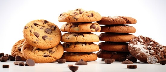 Poster - Close-up view of a stack of delicious cookies filled with chocolate chips. with copy space image. Place for adding text or design
