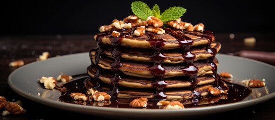 Poster - Delicious pancakes topped with syrup and nuts on a plate, perfect for a sweet breakfast treat. with copy space image. Place for adding text or design