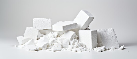 Wall Mural - A close-up view of a pile of pure white sugar cubes stacked neatly on a white tabletop. with copy space image. Place for adding text or design