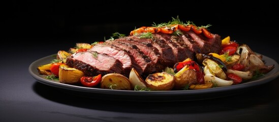 Poster - Grilled beef slices served with an assortment of fresh, colorful vegetables on a plate. with copy space image. Place for adding text or design