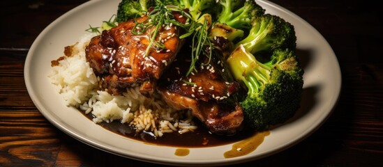 Poster - Steamed pork thighs served with flavorful balsamic vinegar sauce, accompanied by roasted broccoli and rice. with copy space image. Place for adding text or design
