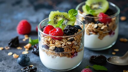 Wall Mural - A close up shot of two glasses of yogurt topped with fresh fruit and granola
