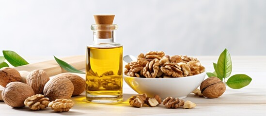 Aufkleber - Walnut oil in a bottle next to walnuts on a rustic wooden table, with kitchen ingredients and spices on a white background. with copy space image. Place for adding text or design
