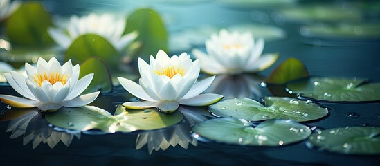 Aufkleber - Floating peacefully on the pond, three delicate white water lilies and a pristine white lotus flower blooming above the water's surface. with copy space image. Place for adding text or design