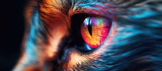 Fascinating macro shot capturing the intricate details of a cat's eye exhibiting a vibrant rainbow-colored iris. with copy space image. Place for adding text or design