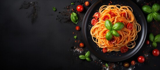 Poster - Classic Italian spaghetti dish made with fresh tomatoes, basil, and parmesan cheese served on a sleek black plate. with copy space image. Place for adding text or design