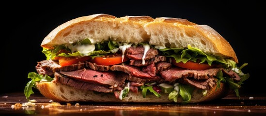 Fototapete - Delicious roast beef sandwich served on a fresh Italian bun with savory toppings. with copy space image. Place for adding text or design