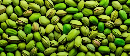 Poster - A close-up view of a pile of green pistachios, creating a food background with lots of nuts. with copy space image. Place for adding text or design