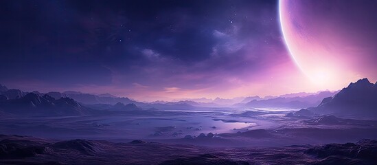 Wall Mural - Mysterious purple terrain of an alien world with a brilliant celestial glow in the atmosphere. with copy space image. Place for adding text or design