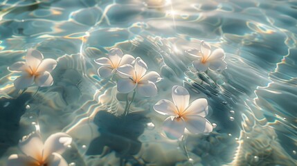White frangipani flowers floating on sparkling water