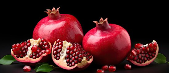 Poster - Two whole pomegranates and one cut open, showcasing juicy kernels on a clean white isolated background. with copy space image. Place for adding text or design