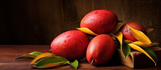 Leinwandbilder - Ripe Gedong Gincu mango variety, known for its red skin and fragrant scent, displayed on a rustic wooden table. with copy space image. Place for adding text or design