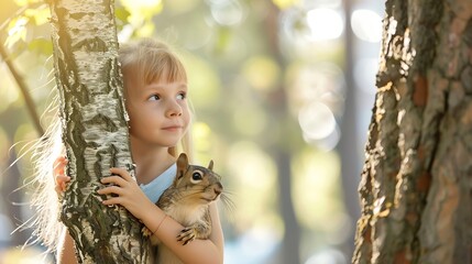 Selective focus on a squirrel climbing a tree trunk A little blonde girl looks at a squirrel from behind a tree Summer day in the city park Wild life in the city Copy space : Generative AI