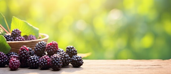 Poster - Ripe blackberries in a basket placed on a wooden table, showcasing a delicious and healthy fruit option. with copy space image. Place for adding text or design