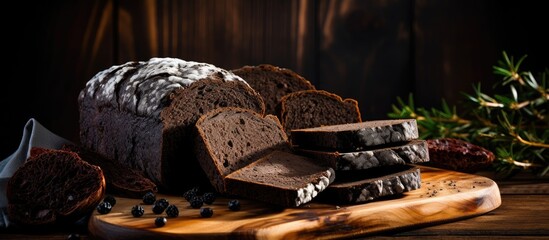 Poster - Chocolate bread loaf displayed on a wooden cutting board with one slice cut off, showcasing delicious homemade baking. with copy space image. Place for adding text or design