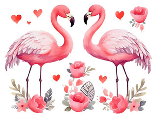 Wall Mural - Watercolor valentines day love flamingo couple, hand drawn watercolor illustration for greeting card or invitation design