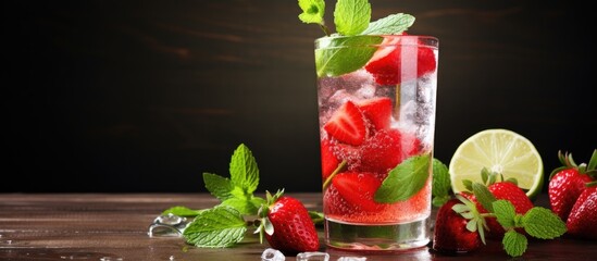 Aufkleber - Glass filled with clear refreshing water garnished with ripe strawberries and slices of lime. with copy space image. Place for adding text or design