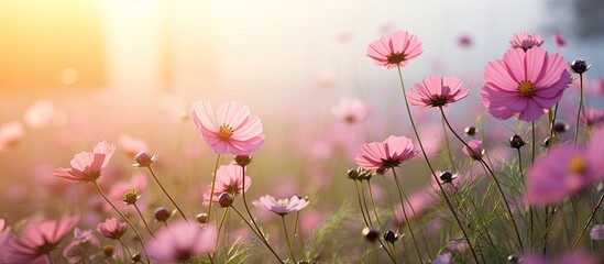 Canvas Print - Pink cosmos flowers bloom beautifully in the morning light, creating a picturesque scene in nature. with copy space image. Place for adding text or design