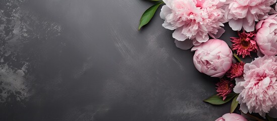 Fototapete - Pink peonies stand out against a black background, leaving room for text, creating an elegant and striking composition. with copy space image. Place for adding text or design