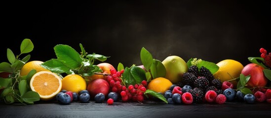Poster - Fresh selection of various fruits, berries, and herbs artistically arranged on a tabletop surface. with copy space image. Place for adding text or design