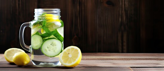 Leinwandbilder - Glass jar filled with refreshing cucumber and mint, accompanied by slices of fresh lemon on a wooden table. with copy space image. Place for adding text or design
