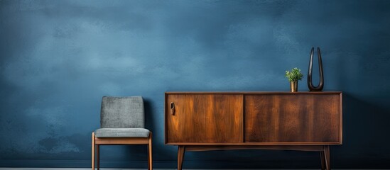 Poster - Vintage wooden cabinet and chair placed next to a dark blue wall in a Scandinavian style setting. with copy space image. Place for adding text or design