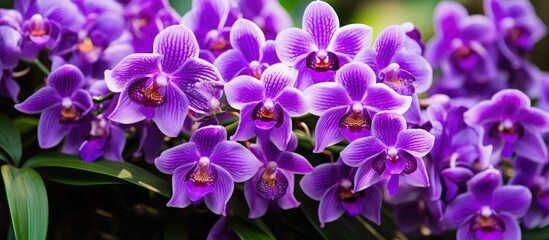 Poster - Purple flowers in a green plant with lush leaves blooming beautifully. with copy space image. Place for adding text or design