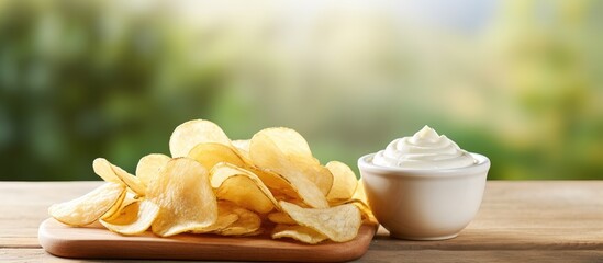 Poster - Close-up of golden potato chips served with a creamy sour cream dipping sauce in a ceramic bowl. with copy space image. Place for adding text or design