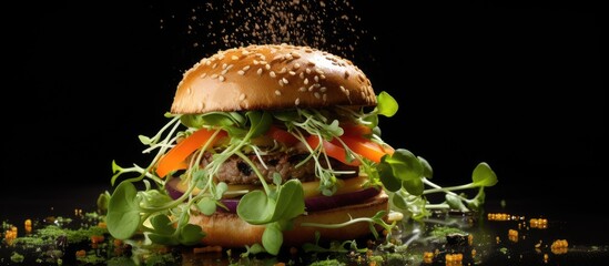 Wall Mural - Delicious vegetarian burger featuring soy sprouts, radish, and crisp salad on a sesame seed bun. with copy space image. Place for adding text or design