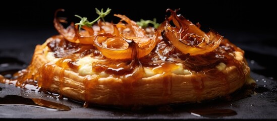 Poster - Caramelized onion tart placed on a black stone background, highlighting its sticky and savory appeal. with copy space image. Place for adding text or design